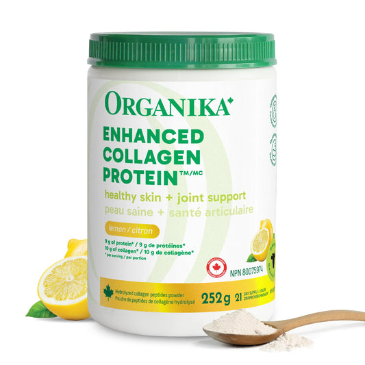 Organika Canadian-Made Enhanced Collagen Protein Powder- Lemon - For Healthy Hair, Skin, Nails, Joints - Hydrolyzed Peptides For Better Absorption – Grass-Fed, Non-GMO - 252g