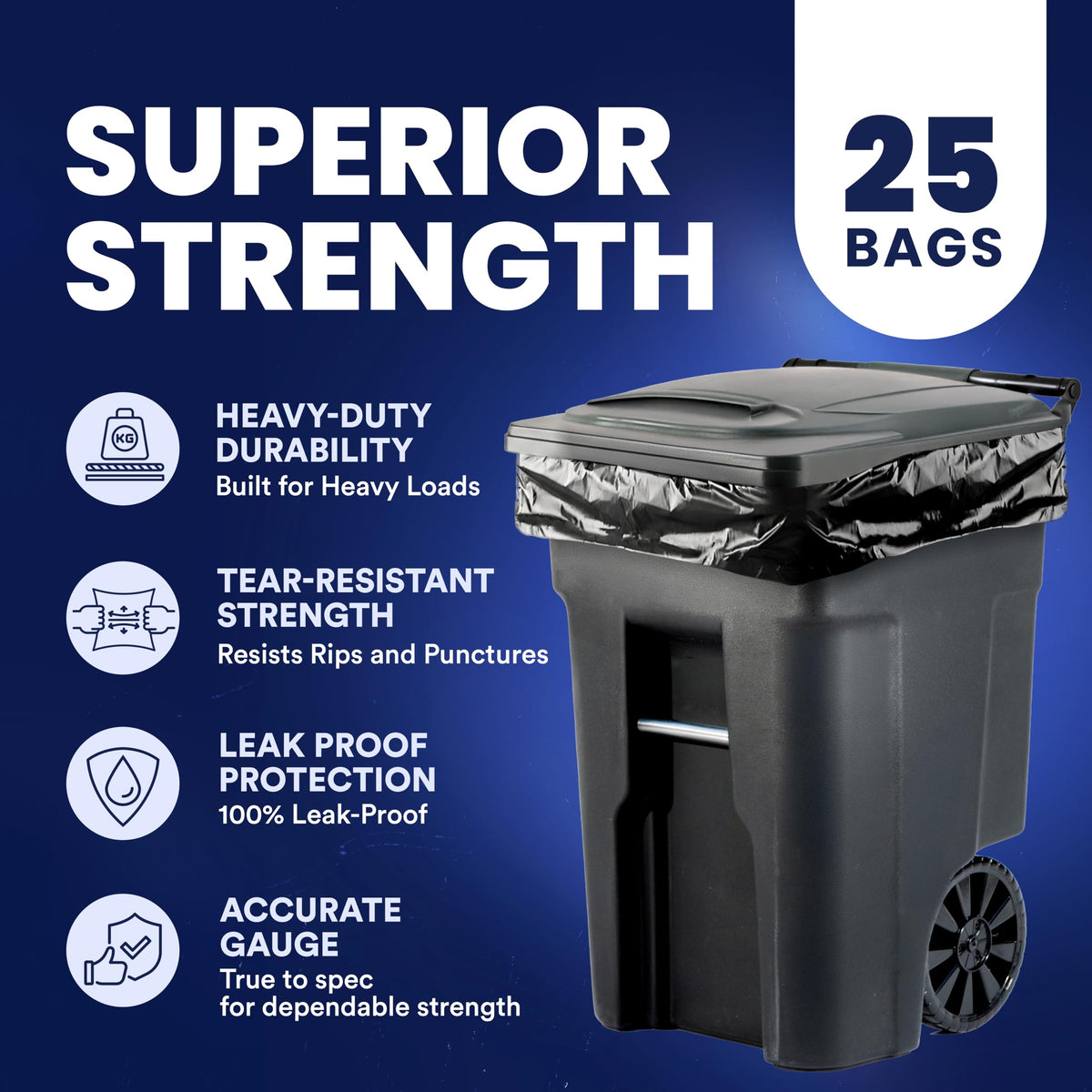 Plasticplace 95-96 Gallon Garbage Can Liners Heavy Duty 1.5 Mil Black Trash Bags Tear-Resistant Outdoor Garbage Bags for Rollaway Bins Large 61" x 68" Industrial-Strength Waste Bags (25 Count)