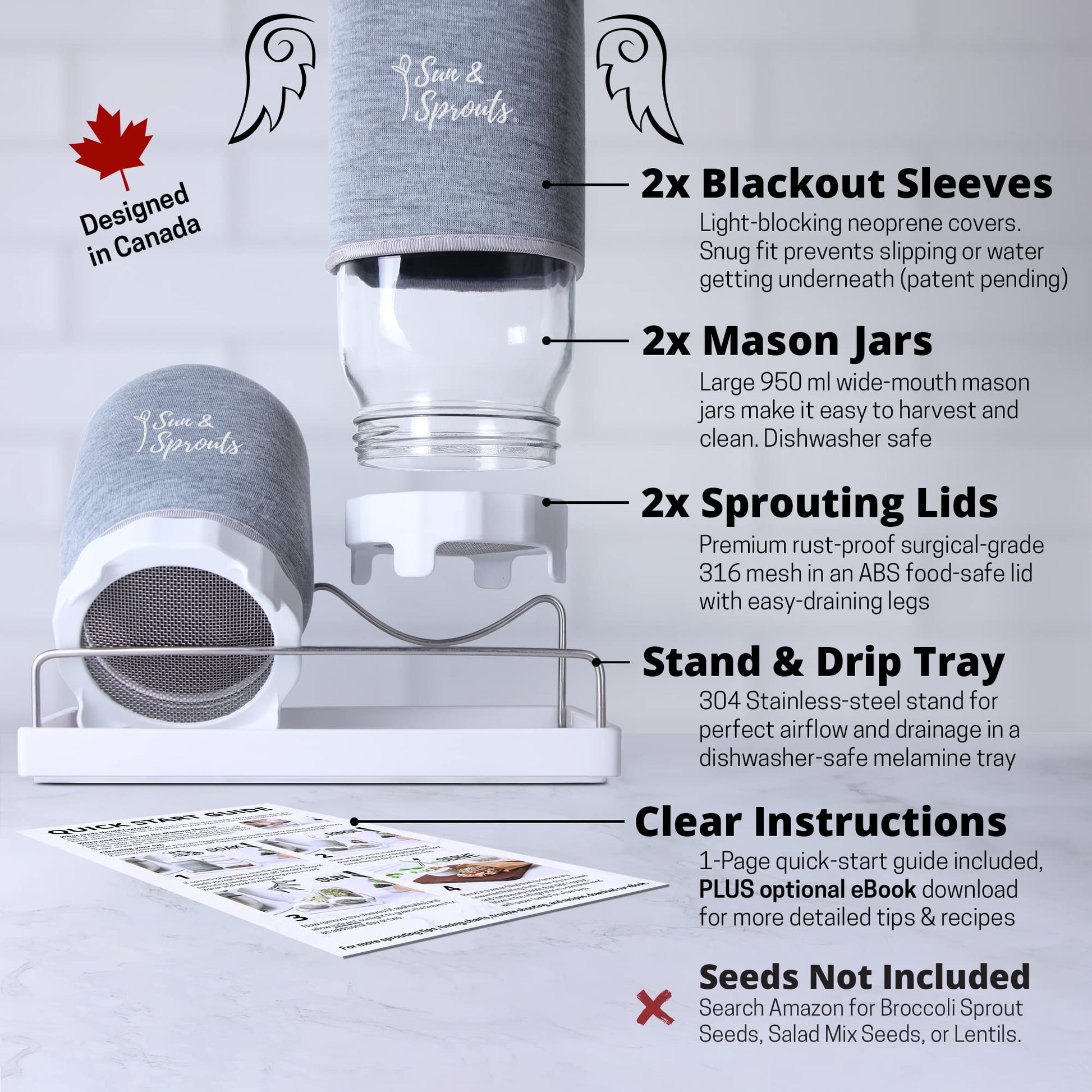 Sun & Sprouts The Original Complete Sprouting Kit - 2 Large Wide-Mouth Mason Jars, Premium Screen lids, Blackout Sleeves, Tray, Sprouter Stand - for Growing Broccoli, Mung Bean, Alfalfa from Seed