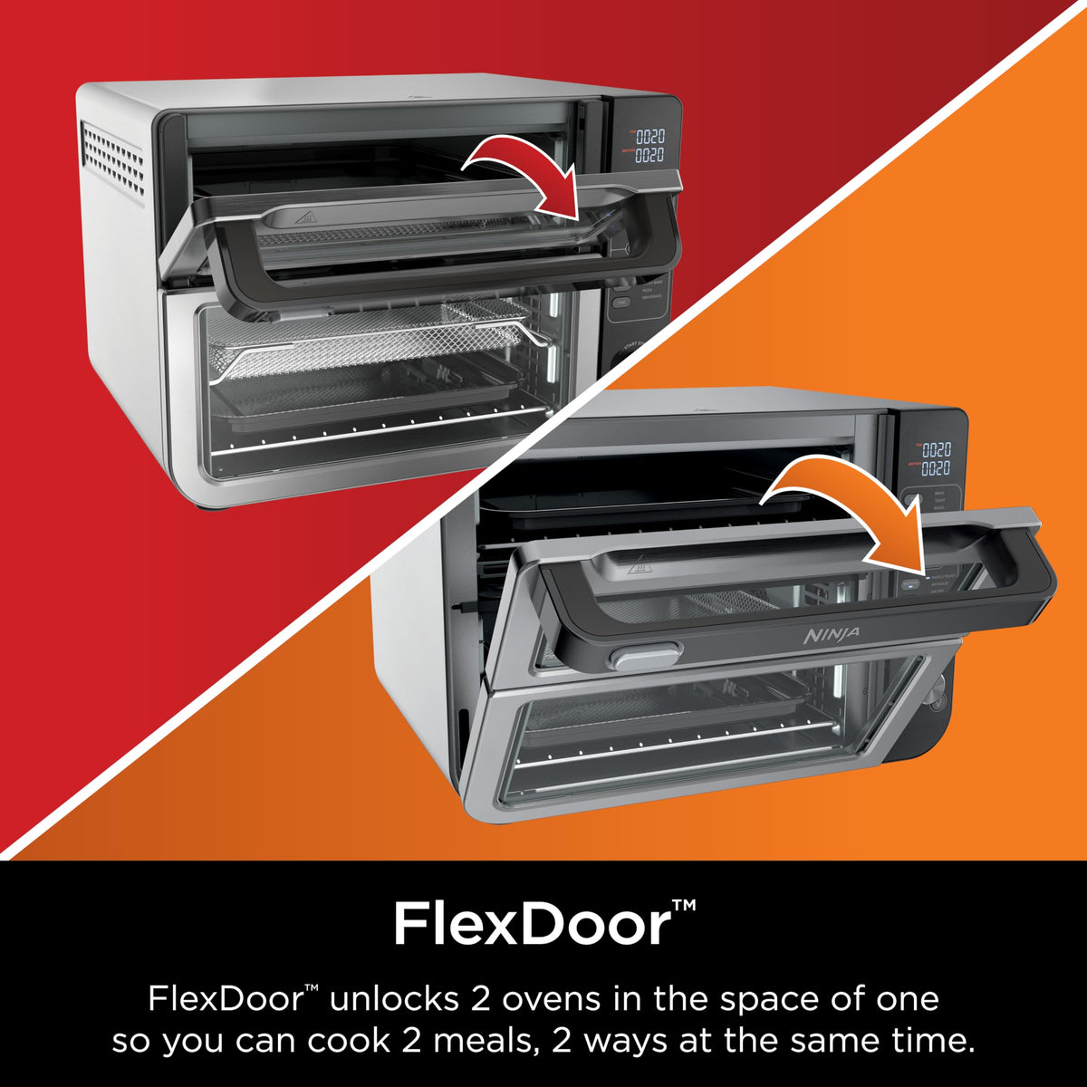 Ninja 12-in-1 Double Oven with FlexDoor, Rapid Top, Convection & Air Fry Bottom, Roast, Toast, Pizza, Stainless, DCT401C