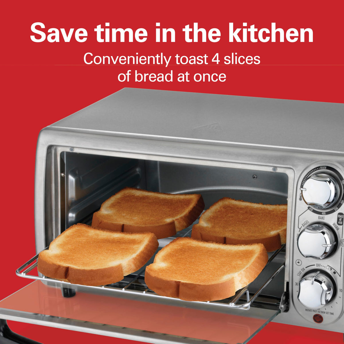 Hamilton Beach 4-Slice Toaster Oven, Stainless Steel, Compact Countertop Oven, Bake, Broil, Toast, Bagel & Keep Warm, 1100W, 31143J