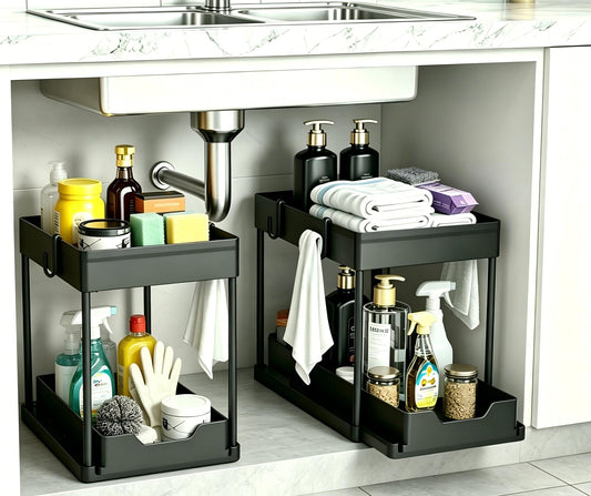 DEKAVA Under Sink Organizer 2 Pack, Bathroom Organizers, 2 Tier Sliding Cabinet Basket Organizer Drawer, Multi-Purpose Bath Collection Baskets for Bathroom (Black)