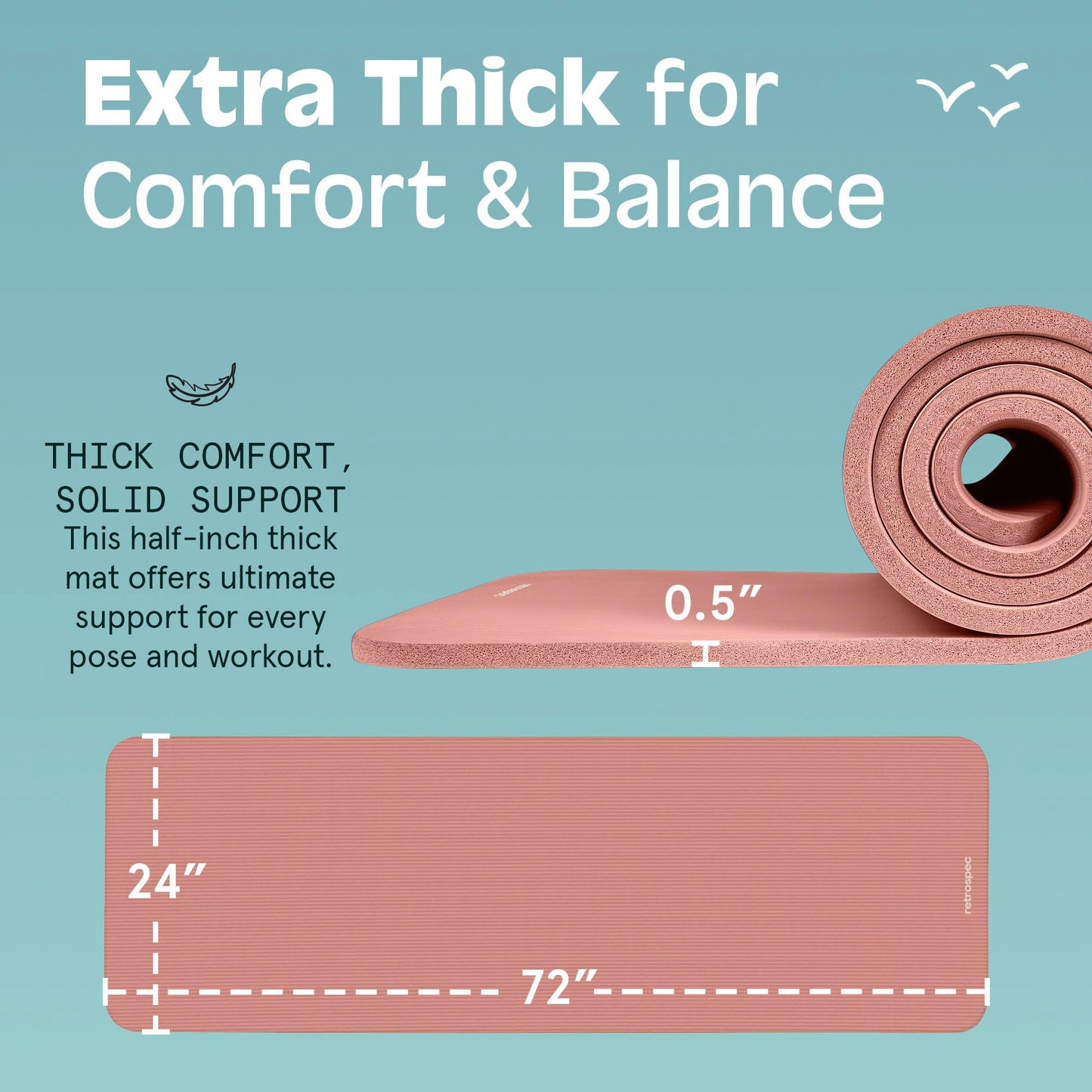 Retrospec Solana Yoga Mat 1/2 inches Thick w/Nylon Strap for Men & Women - Non Slip Excercise Mat for Yoga, Pilates, Stretching, Floor & Fitness Workouts, Rose