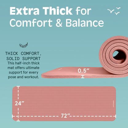 Retrospec Solana Yoga Mat 1/2 inches Thick w/Nylon Strap for Men & Women - Non Slip Excercise Mat for Yoga, Pilates, Stretching, Floor & Fitness Workouts, Rose