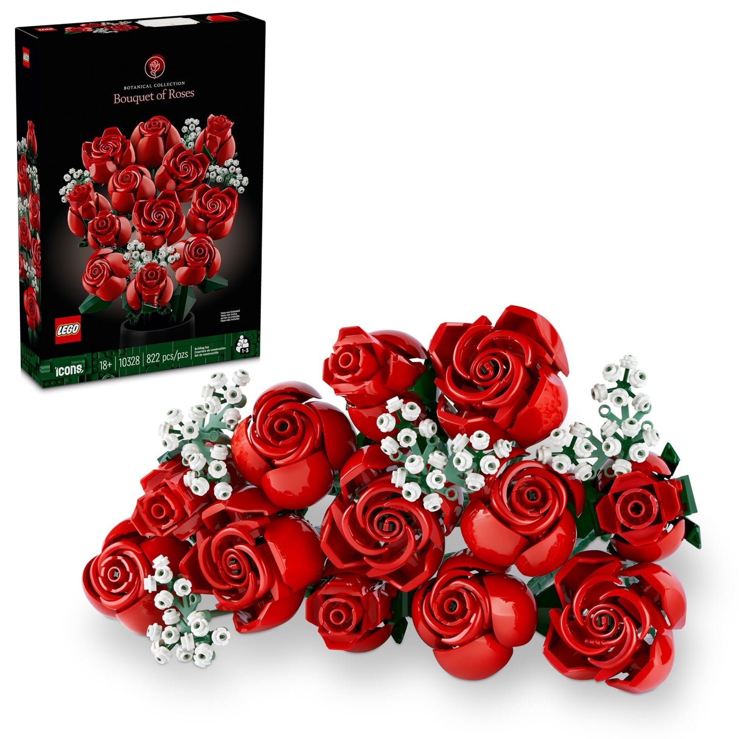 LEGO Botanicals Bouquet of Roses Artificial Flowers - Fake Red Roses Building Set for Adults, Ages 18+ - Gifts for Birthdays - Home Decor for Table Display - 10328 LEGO
