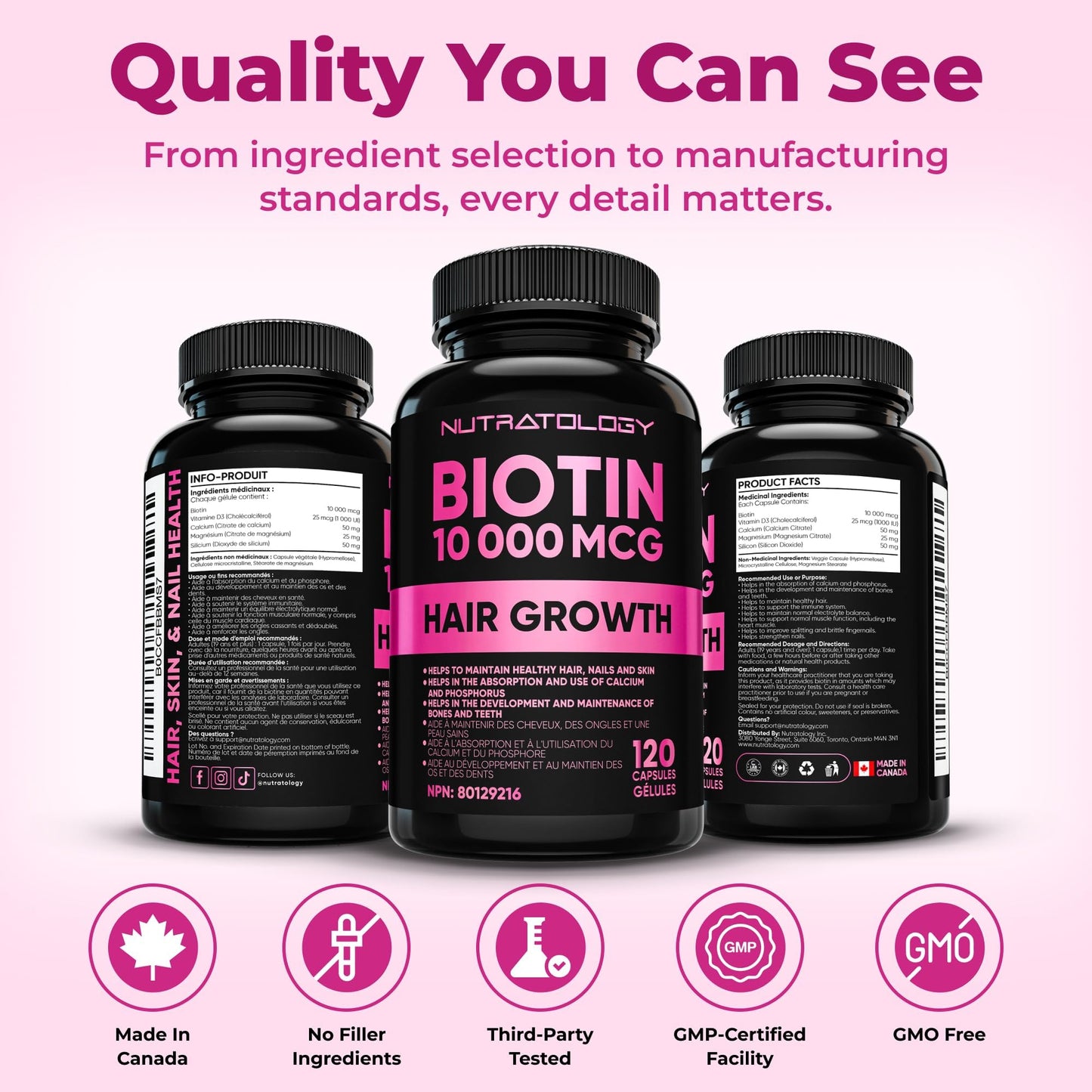 Biotin 10000MCG Hair Vitamins For Hair Growth Women | Canadian-Made | Promotes Healthy Skin & Nail Growth - Supports Muscle Function - Biotin Supplement - Hair Growth Products for Women - 120 capsules - Available at All In One Marketplace Canada