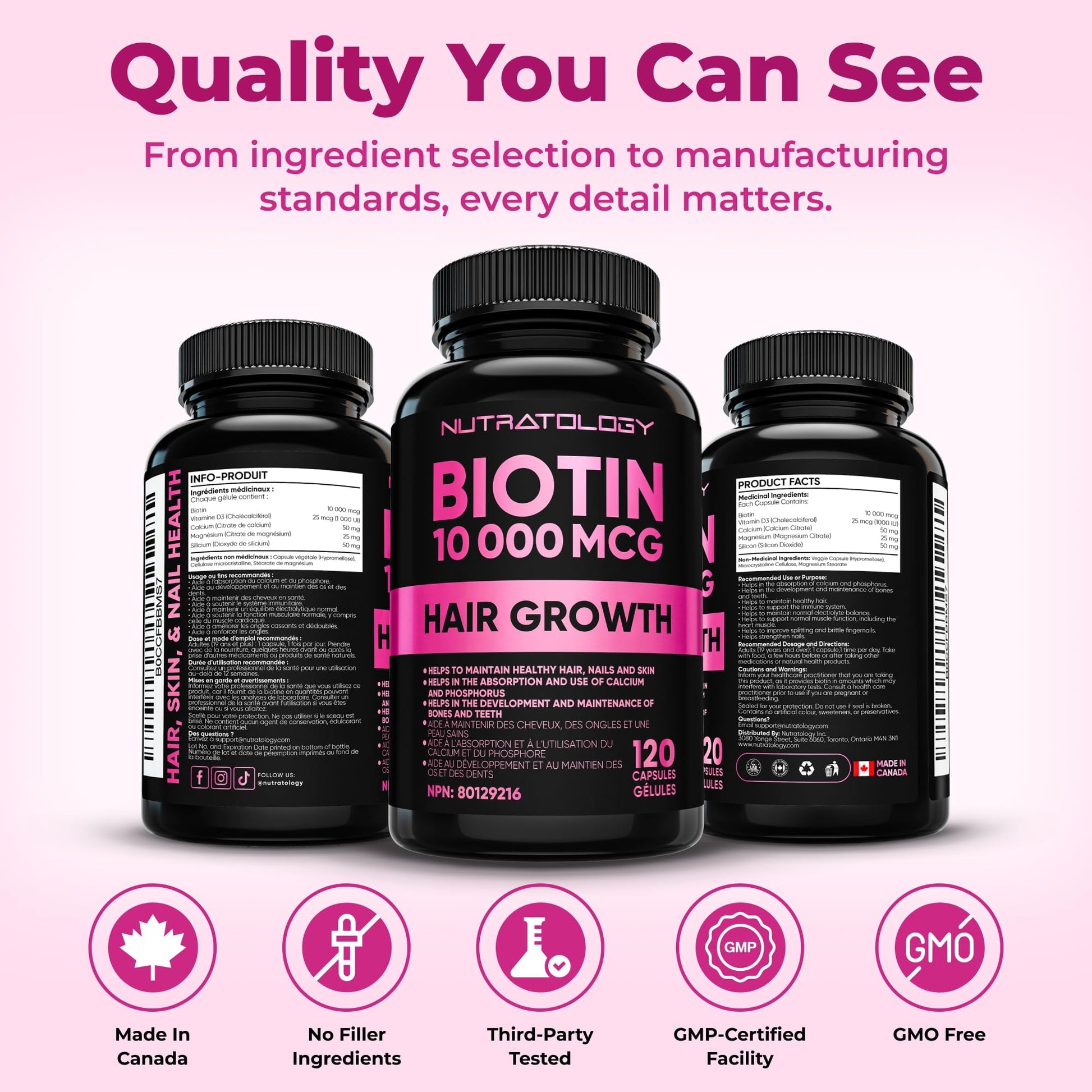 Biotin 10000MCG Hair Vitamins For Hair Growth Women | Canadian-Made | Promotes Healthy Skin & Nail Growth - Supports Muscle Function - Biotin Supplement - Hair Growth Products for Women - 120 capsules - Available at All In One Marketplace Canada