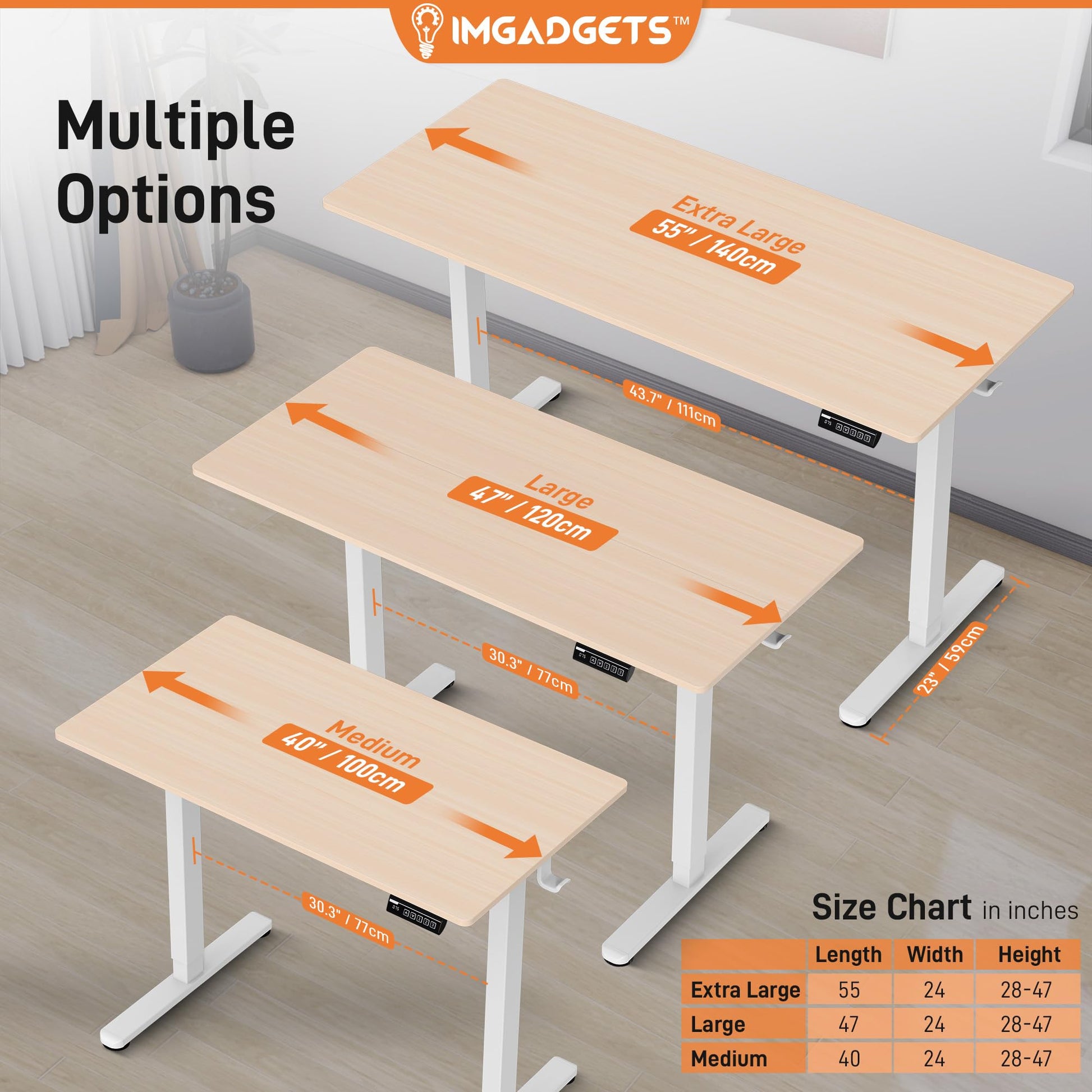 IMGadgets Electric Standing Desk, 47x24 Inches Height Adjustable, 2026 6th Gen Quiet Motor Ergonomic Sit Stand Desk, Computer Desk for Home Office, Height Memory Buttons, Display, 2 Headphone Holders