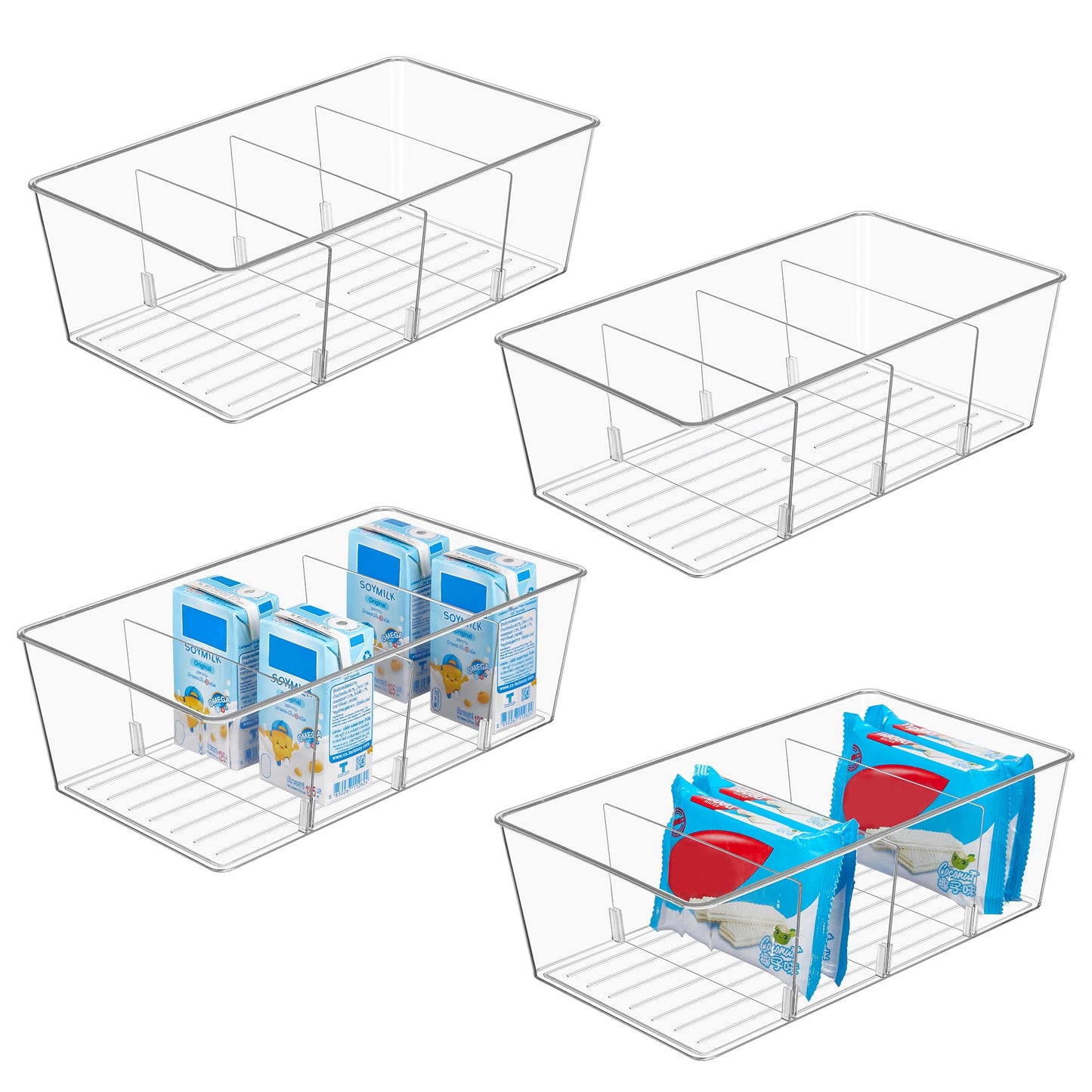 Vtopmart 4 Pack Food Storage Organizer Bins, Clear Plastic Bins for Pantry, Kitchen, Fridge, Cabinet Organization and Storage, 4 Compartment Holder for Packets, Tea, Snacks, Pouches, Spice Packets - Available at All In One Marketplace Canada
