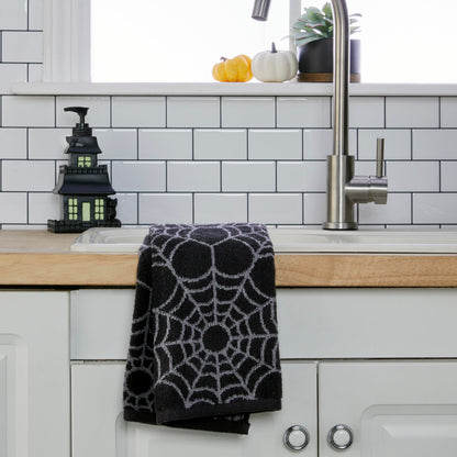 SKL Home Ensemble de 2 serviettes à main Halloween, motif toile d'araignée, 100 % coton jacquard, réversibles, douces et absorbantes, décoratives pour salle de bain/cuisine/bar et cadeau, noir