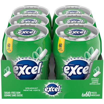 EXCEL, Spearmint Flavoured Sugar Free Chewing Gum, 60 Pieces, 6 Bottles