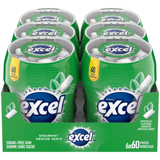 EXCEL, Spearmint Flavoured Sugar Free Chewing Gum, 60 Pieces, 6 Bottles