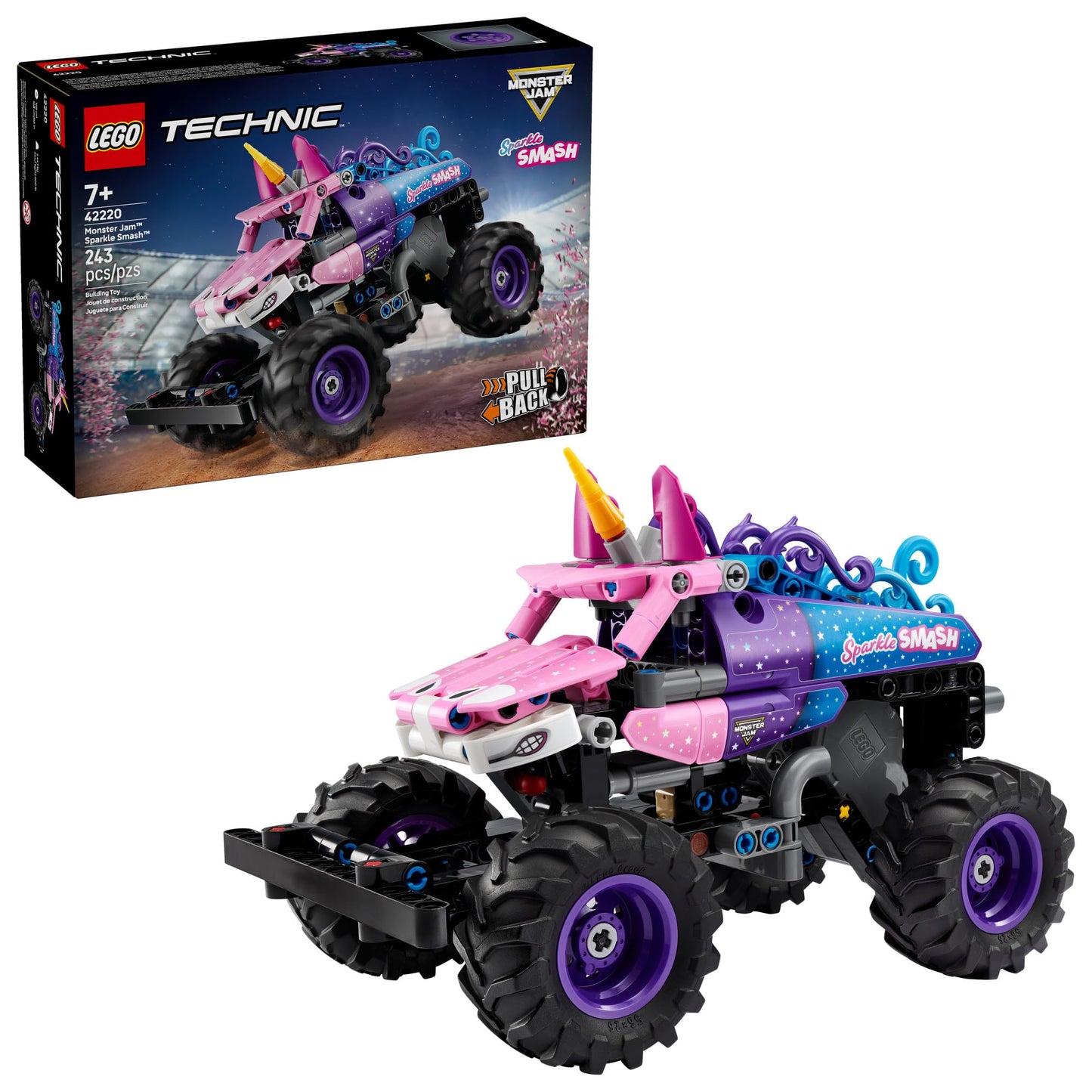 LEGO Technic Monster Jam Sparkle Smash Pull-Back Truck Toy for Boys & Girls - Monster Truck Building Toy W/Pull-Back Racing Action for Kids, Ages 7+ - Gift Idea for Birthdays - 42220 LEGO