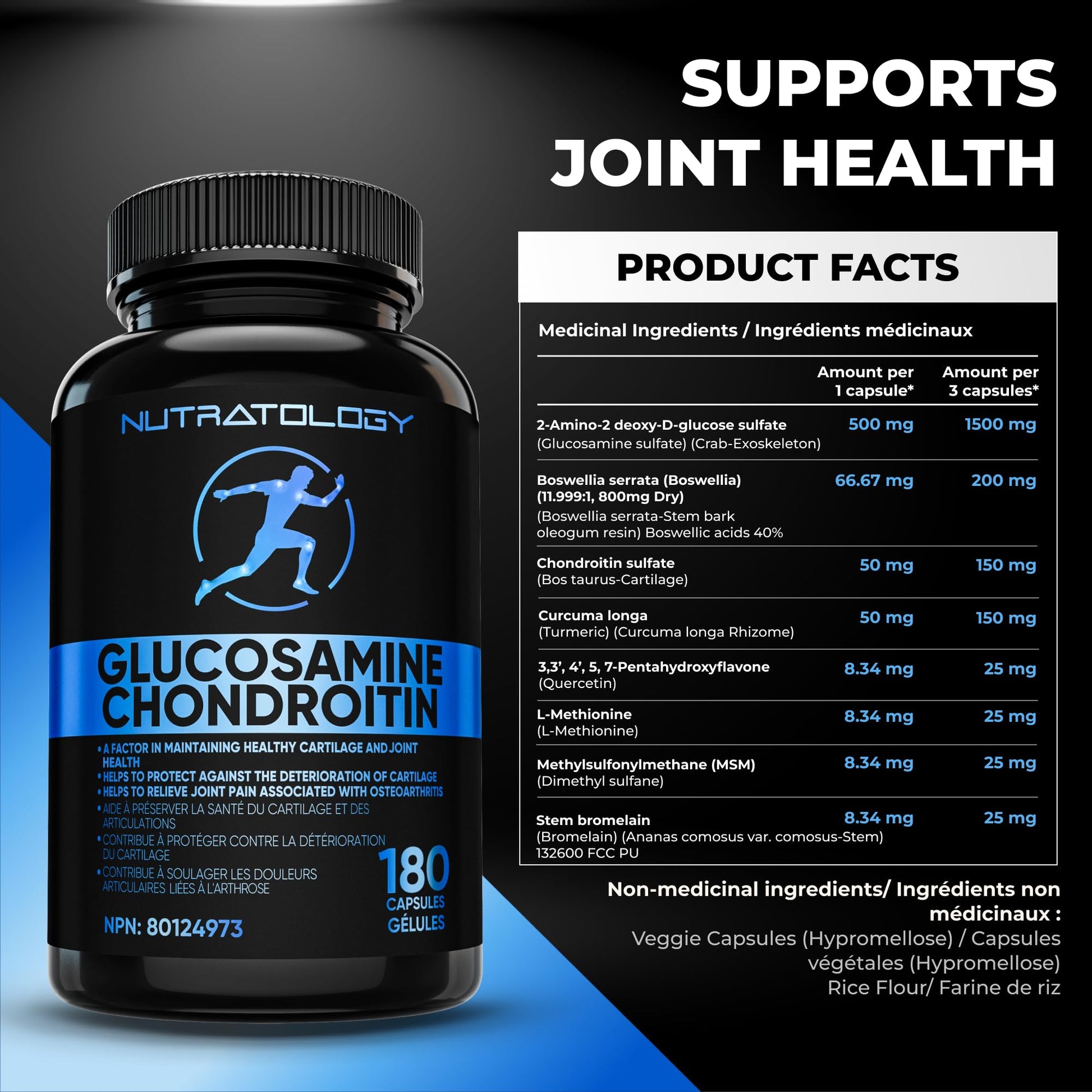 Nutratology® Glucosamine Joint Supplement with Chondroitin, MSM & Turmeric | Canadian-Made | Joint Pain Relief Supplements - 1500MG Glucosamine - Supports Healthy Joints & Cartilage - 180 Capsules - Available at All In One Marketplace Canada