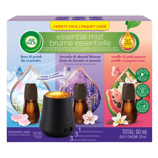 Kit de démarrage diffuseur Air Wick Essential Mist – Diffuseur d'huiles essentielles portable à piles, réglages de diffusion ajustables – Pack découverte de 3 parfums – Comprend le diffuseur, 3 recharges et des piles