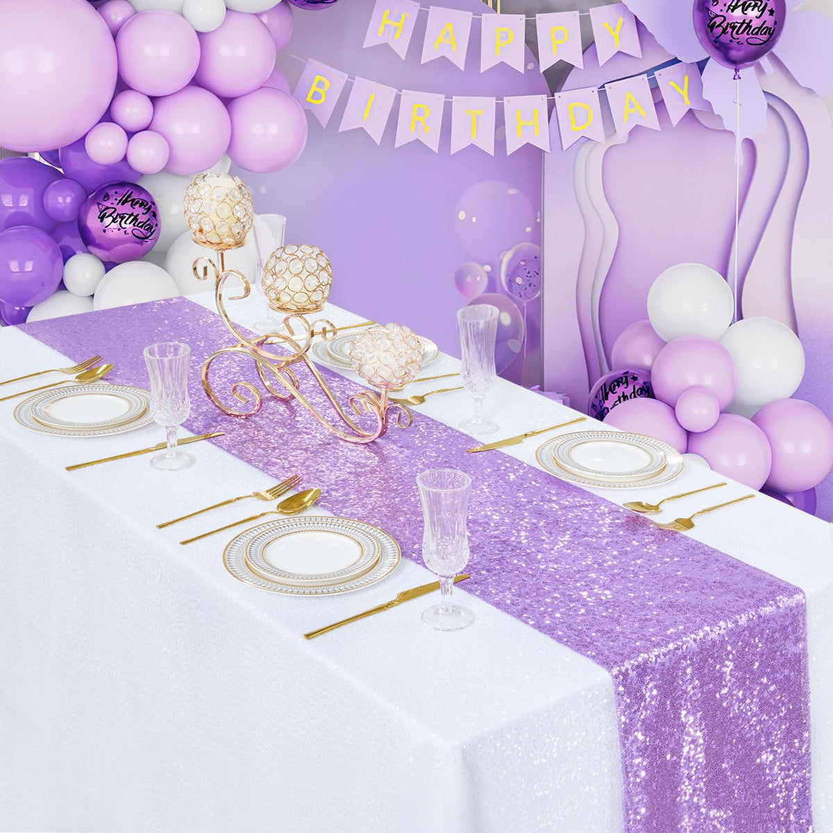 B-COOL Purple Table Runners 4 Pack 12x72 Inch Sequin Lavender Runner for Tables Halloween Party Decor Christmas Holiday Birthday Bridal Baby Shower Wedding Decorations