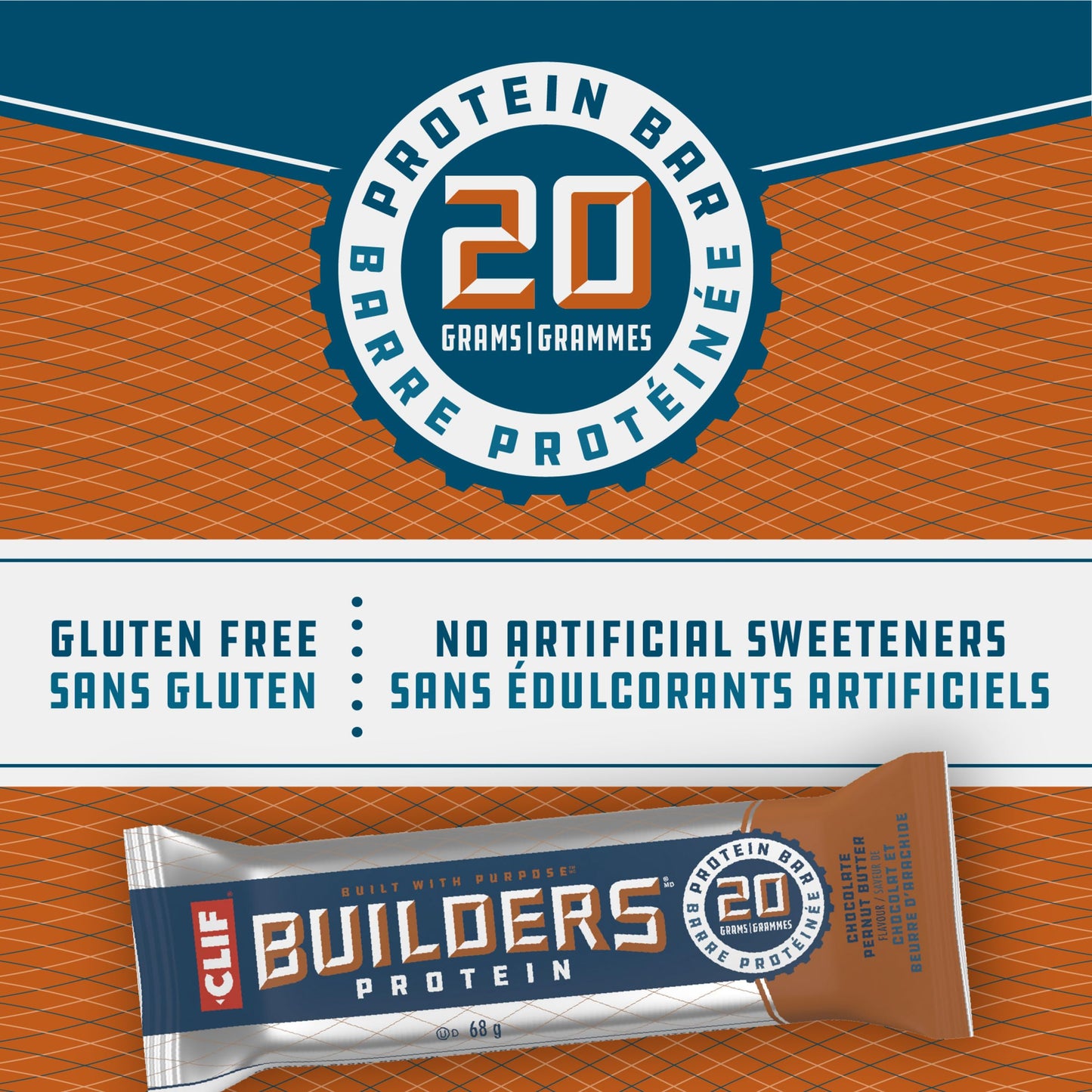 CLIF BUILDERS Chocolate Peanut Butter Protein Bars - 20g Plant Protein, Gluten Free, 12 Pack (68g each)
