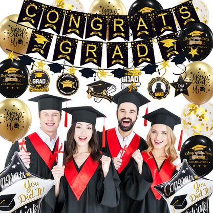 Graduation Decorations Class of 2026, 12Pcs Black and Gold balloons with Swirl and Graduation Garland Congrats Grad 2026 Banner for College High School Party Supplies - Available at All In One Marketplace Canada