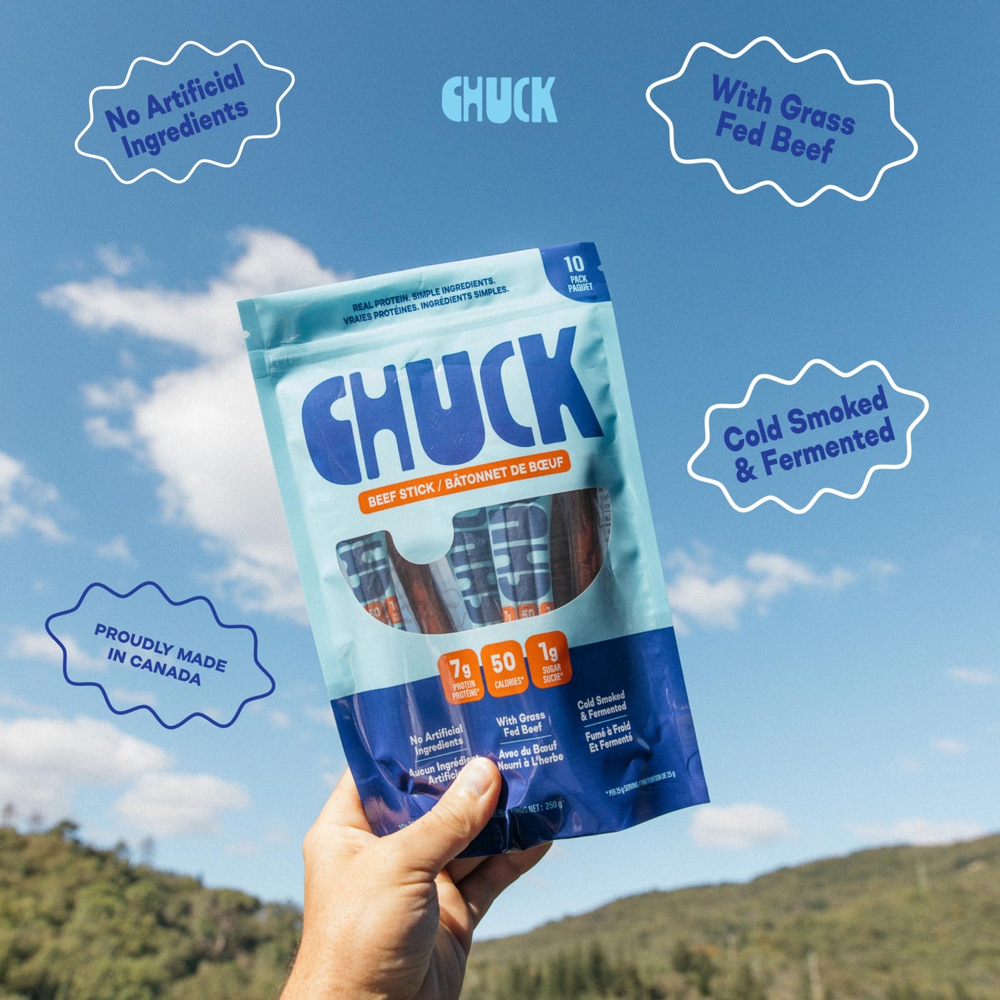 CHUCK Grass-Fed Beef Sticks - Family-Friendly Snack - 7g Protein Per Stick, Keto & Paleo, Gluten-Free, Low Sugar, Canadian Made, Non-GMO - 10 Pack