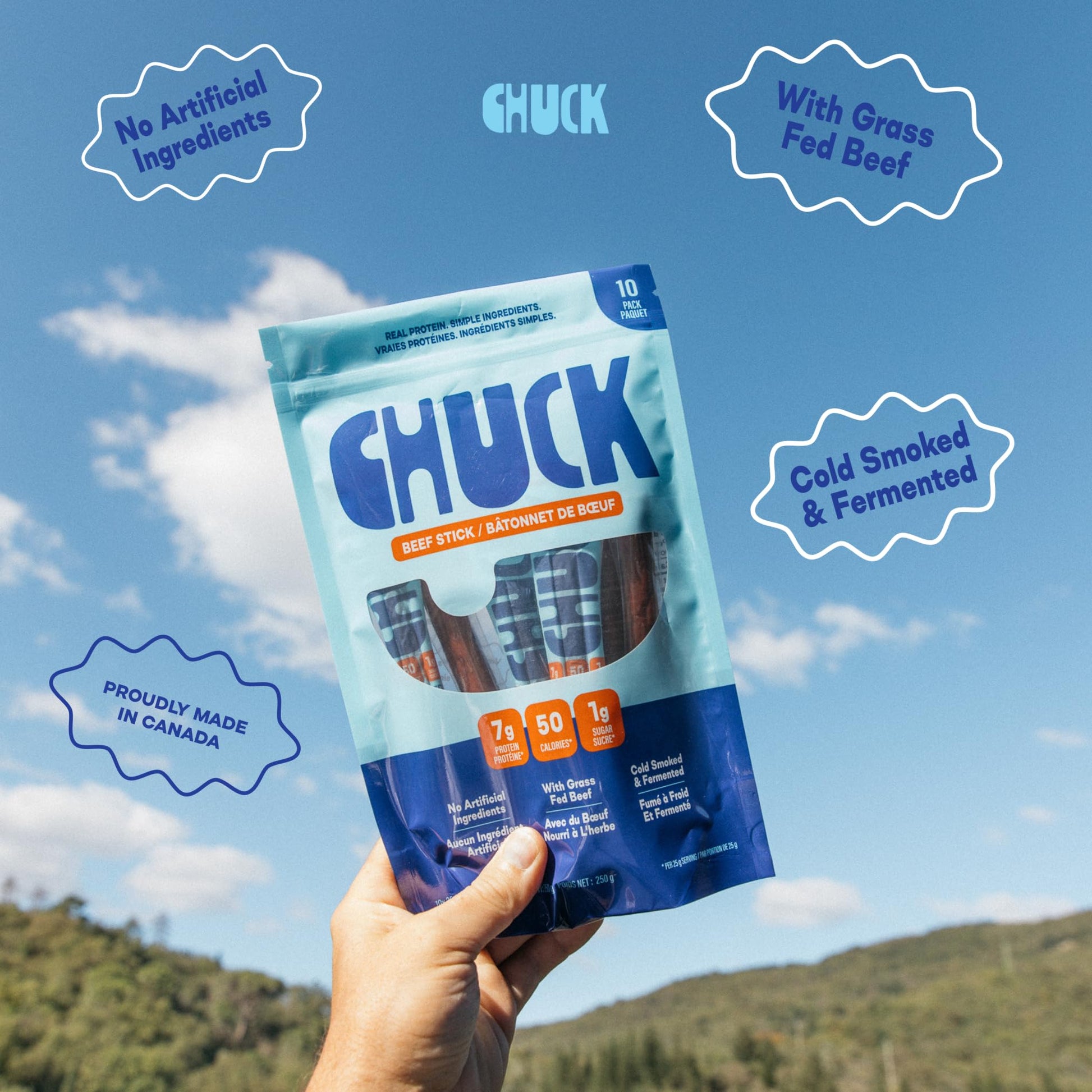 CHUCK Grass-Fed Beef Sticks - Family-Friendly Snack - 7g Protein Per Stick, Keto & Paleo, Gluten-Free, Low Sugar, Canadian Made, Non-GMO - 10 Pack