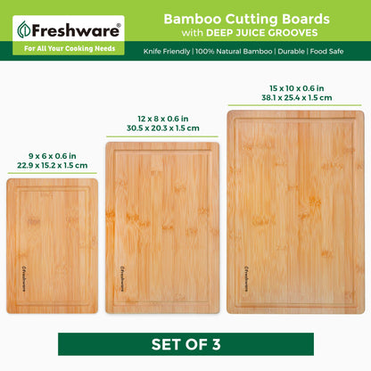 Freshware Wood Cutting Boards for Kitchen - Bamboo Cutting Board Set of 3, Cutting Boards with Juice Grooves, Serving Board Set, Chopping Board for Meat, Veggie, Easy Grip Handle (9x6, 12x8, 15x10)
