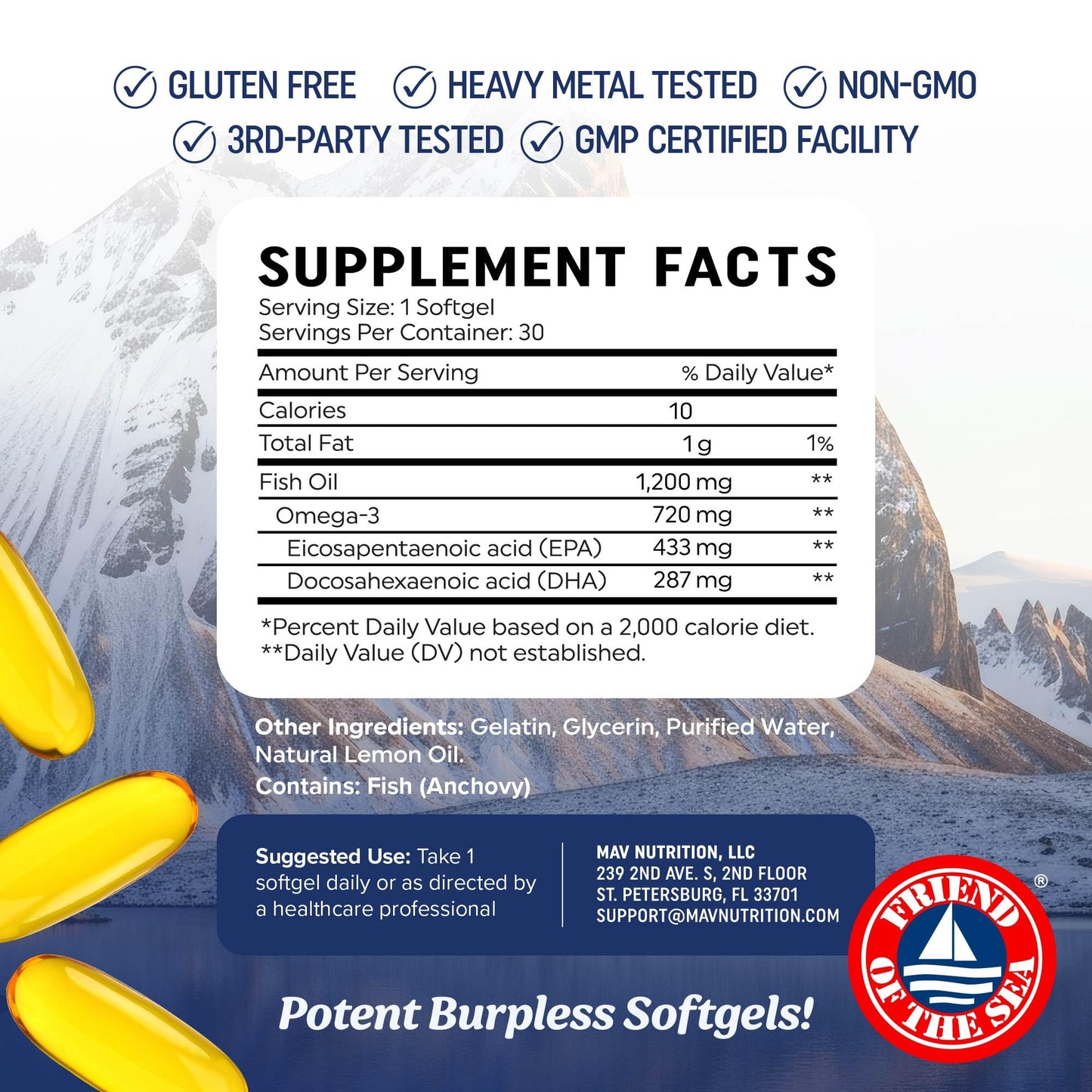 Triple Strength Omega 3 Fish Oil 1200 mg | EPA & DHA | Wild Caught, Sustainably Sourced Omega-3 Fatty Acids | Premium Burpless Fish Oil Supplements | Clean Label Certified, Third-Party Tested | 30 Ct