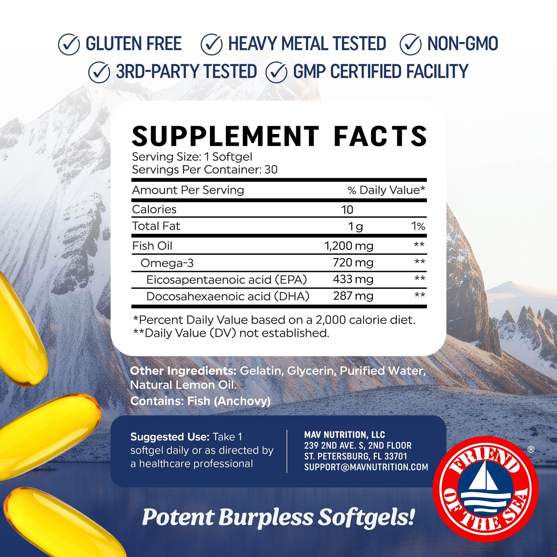 Triple Strength Omega 3 Fish Oil 1200 mg | EPA & DHA | Wild Caught, Sustainably Sourced Omega-3 Fatty Acids | Premium Burpless Fish Oil Supplements | Clean Label Certified, Third-Party Tested | 30 Ct