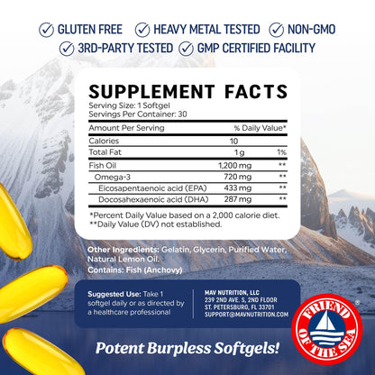 Triple Strength Omega 3 Fish Oil 1200 mg | EPA & DHA | Wild Caught, Sustainably Sourced Omega-3 Fatty Acids | Premium Burpless Fish Oil Supplements | Clean Label Certified, Third-Party Tested | 30 Ct