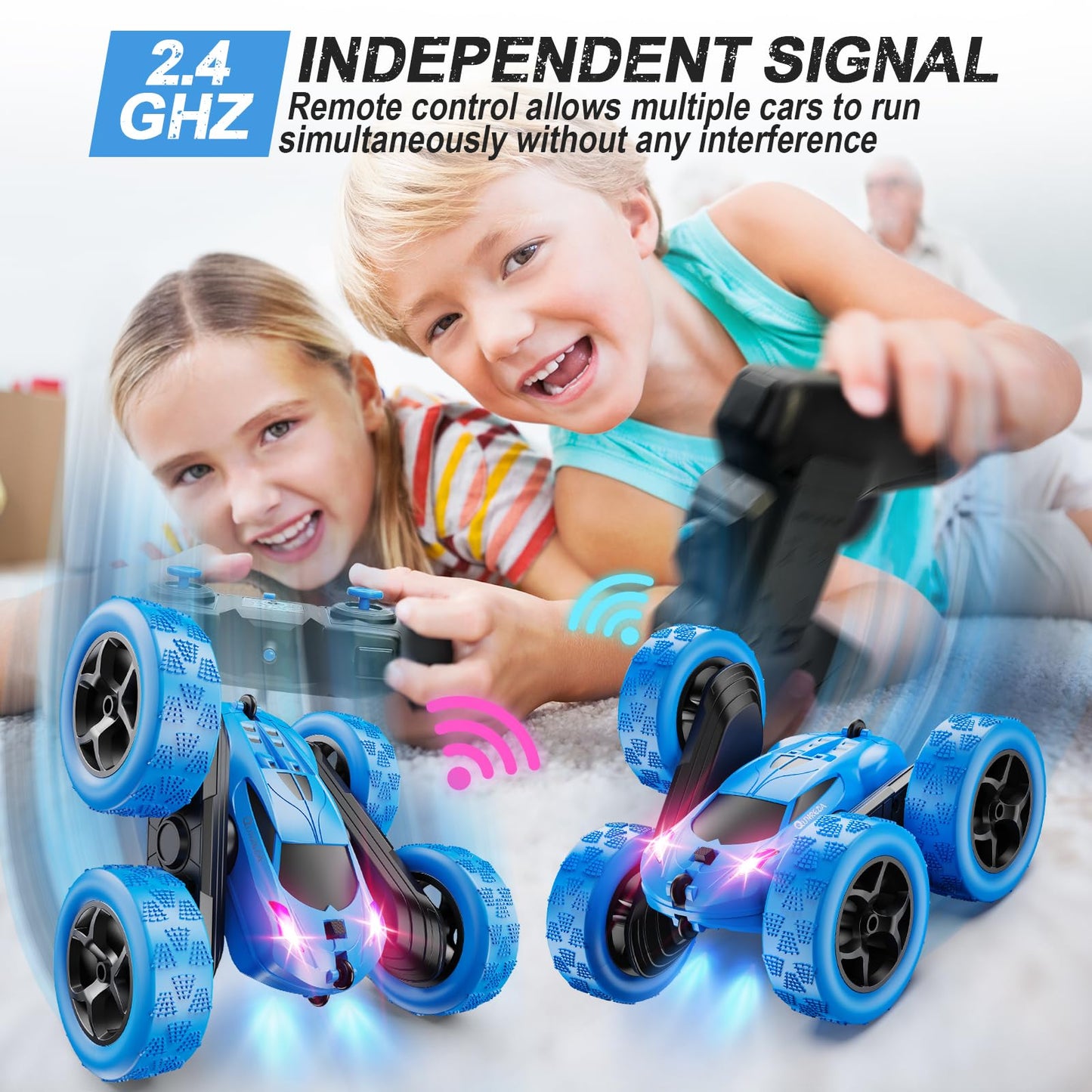 QUNREDA Remote Control Car for Kids Ages 6+, RC Cars Stunt Car Toy 4WD Double Sided 360° Rotating Remote Control with Headlights, Birthday Xmas Gifts for Boys 6 7 8 9 10 11 12 1-Blue