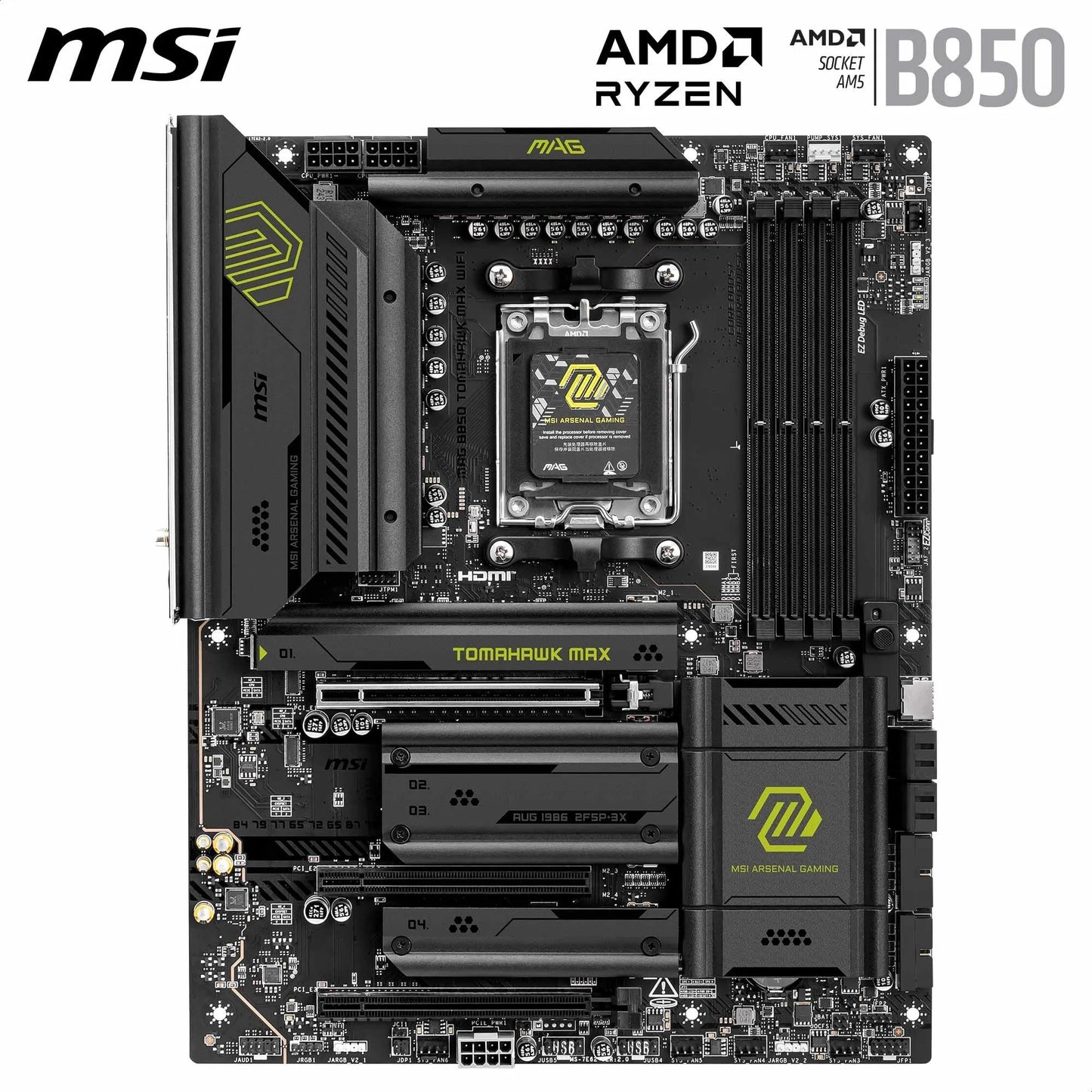 MSI MAG B850 Tomahawk MAX WiFi Gaming Motherboard (AMD Ryzen 9000/8000/7000 Series Processors, AM5, DDR5, PCIe 4.0, M.2, SATA 6Gb/s, USB 3.2 Gen 2, HDMI/DP, Wi-Fi 7, Bluetooth 5.3, 2.5Gbps LAN, ATX) MSI