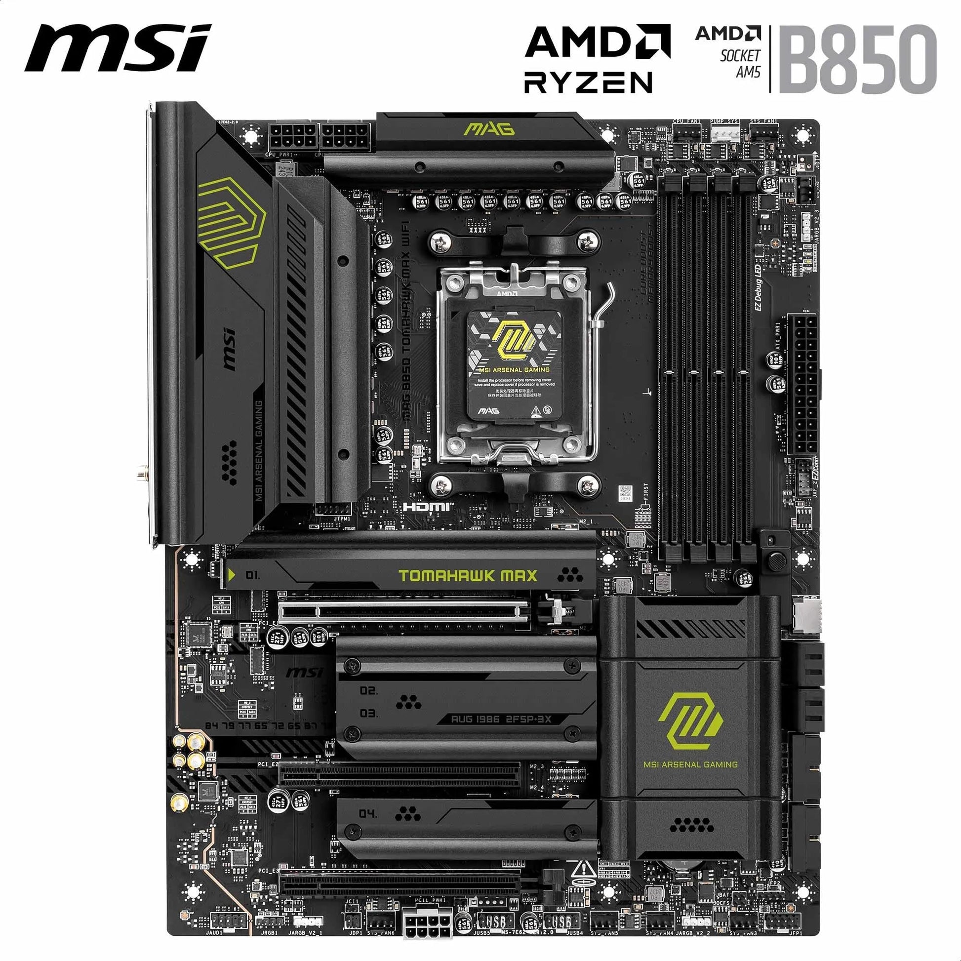 MSI MAG B850 Tomahawk MAX WiFi Gaming Motherboard (AMD Ryzen 9000/8000/7000 Series Processors, AM5, DDR5, PCIe 4.0, M.2, SATA 6Gb/s, USB 3.2 Gen 2, HDMI/DP, Wi-Fi 7, Bluetooth 5.3, 2.5Gbps LAN, ATX) MSI