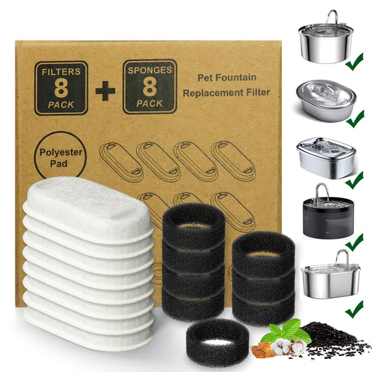 Cat Water Fountain Filters,16 Pack Cat Fountain Replacement Filters(4 Month Supply) for Stainless Steel 67oz/2L Adjustable Water Flow Pet Water Dispenser,Dog Fountain(8+8 Pack)
