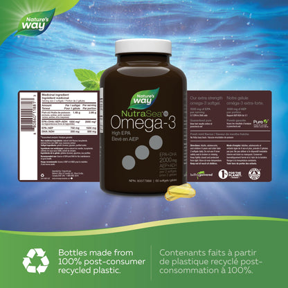 Nature's Way NutraSea HP Omega 3 Extra Strength Supplement with Fish Oil – Fresh Mint Flavour – Heart & Brain Support for Adults and Kids 9+ – 60 Softgels - Available at All In One Marketplace Canada