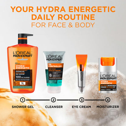L'Oréal Paris Men Expert Hydra Energetic XXXL Shower Gel, Men's Taurine Body Wash for Body, Face, Hair & Beard, Energizing & Wake Up Effect, 1 Litre