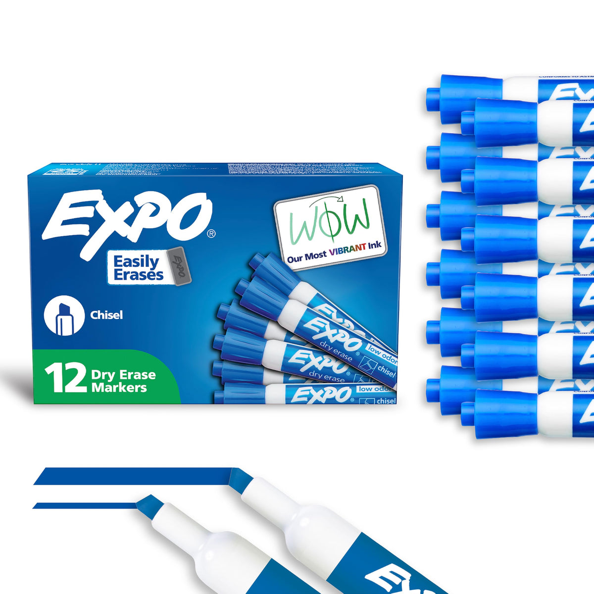 EXPO Dry Erase Markers, Low Odour Ink, Blue, Chisel Tip, 12 Count