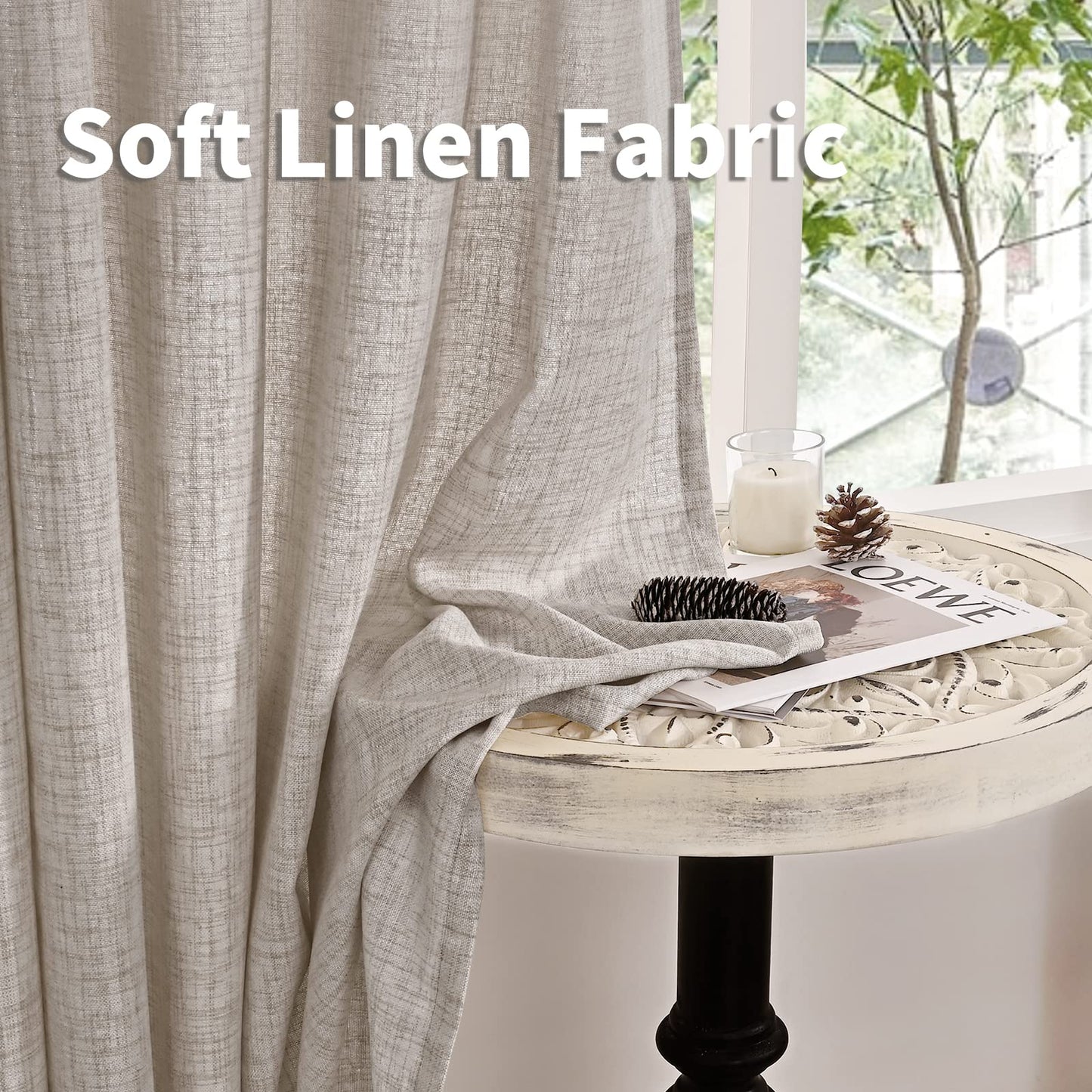 YoungsTex Natural Linen Curtains 84 Inch Long for Living Room Bedroom Grommet Top Light Filtering Privacy Linen Textured Window Semi Sheer Drapes, 2 Panels, 52x84 Inch, Natural