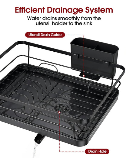 Sakugi Dish Drying Rack - Compact Dish Racks with Drain Board for Kitchen Counter, Durable Stainless Steel Dish Rack Used in Sink & on Countertop, Dark Black, Large