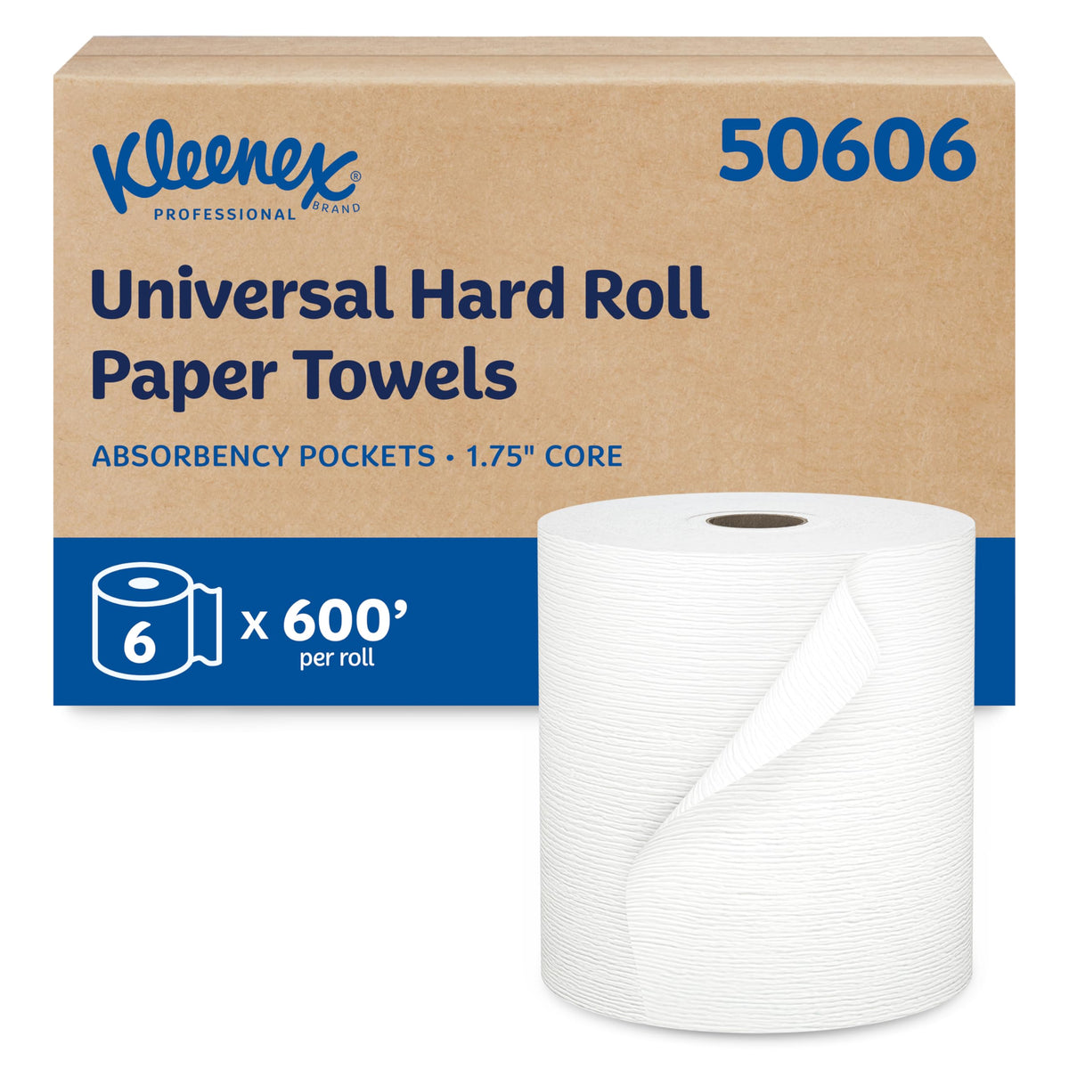 Kleenex Professional Universal Hard Roll Paper Towels, Bulk (50606), Hardwound 1.75" Core, Premium Absorbency Pockets, White (6 Rolls at 600' Each, 3,600'/Case)