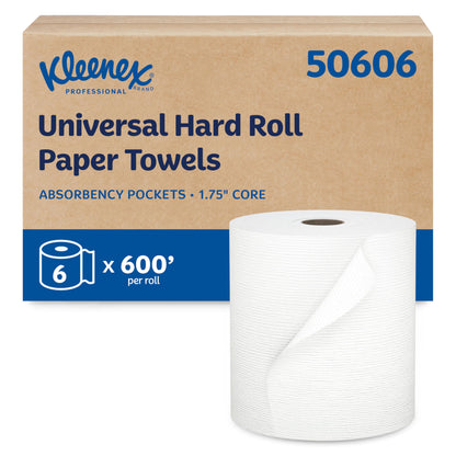 Kleenex Professional Universal Hard Roll Paper Towels, Bulk (50606), Hardwound 1.75" Core, Premium Absorbency Pockets, White (6 Rolls at 600' Each, 3,600'/Case)