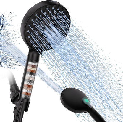 SR SUN RISE Filtered Shower Head with Handheld, High Pressure 9 Spray Mode Matte Black Showerhead with Filters, Detachable Shower Head,Water Softener Filters Beads for Hard Water - Remove Chlorine