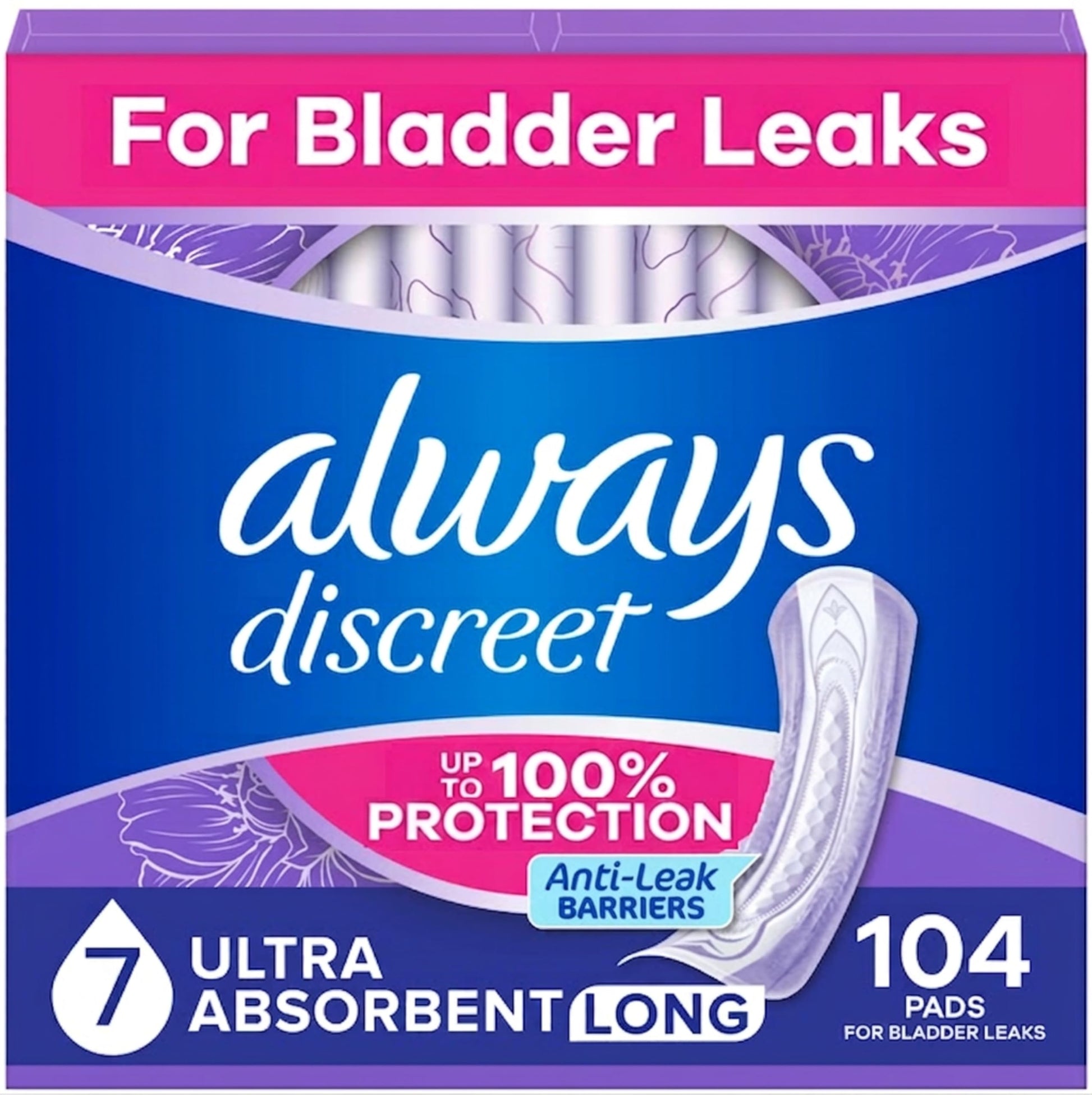 Always Discreet Adult Incontinence Pads for Women, Ultra Absorbency, Long Length, Postpartum Pads, 104 Count