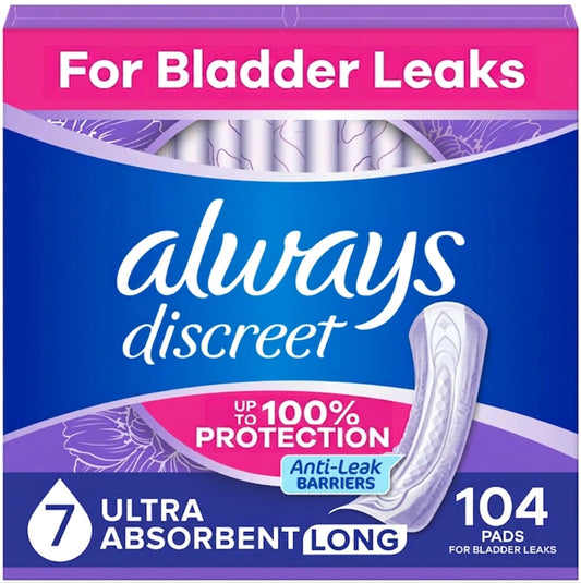 Always Discreet Adult Incontinence Pads for Women, Ultra Absorbency, Long Length, Postpartum Pads, 104 Count