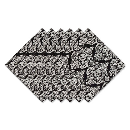 DII Halloween Party Tabletop Decor, Reusable & Machine Washable Cotton Fabric, Napkin Set, 20x20, Black Skull Damask, 6 Piece