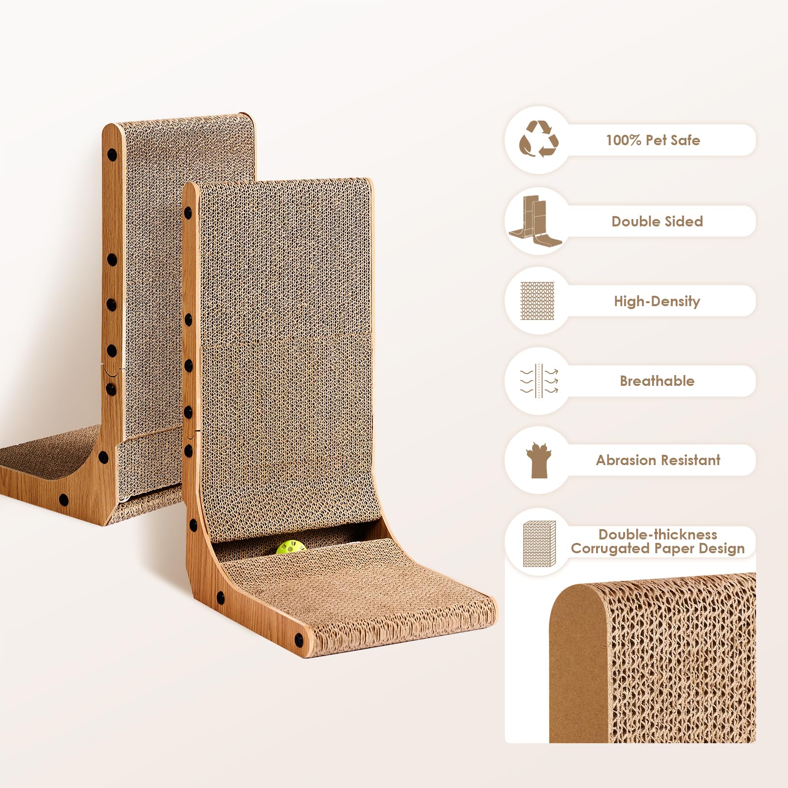 EHEYCIGA Cardboard Cat Scratcher for Indoor Cats, 68 CM L Shaped Vertical Cat Scratching Pad with Ball Cat Toy, Large Cat Scratcher Board