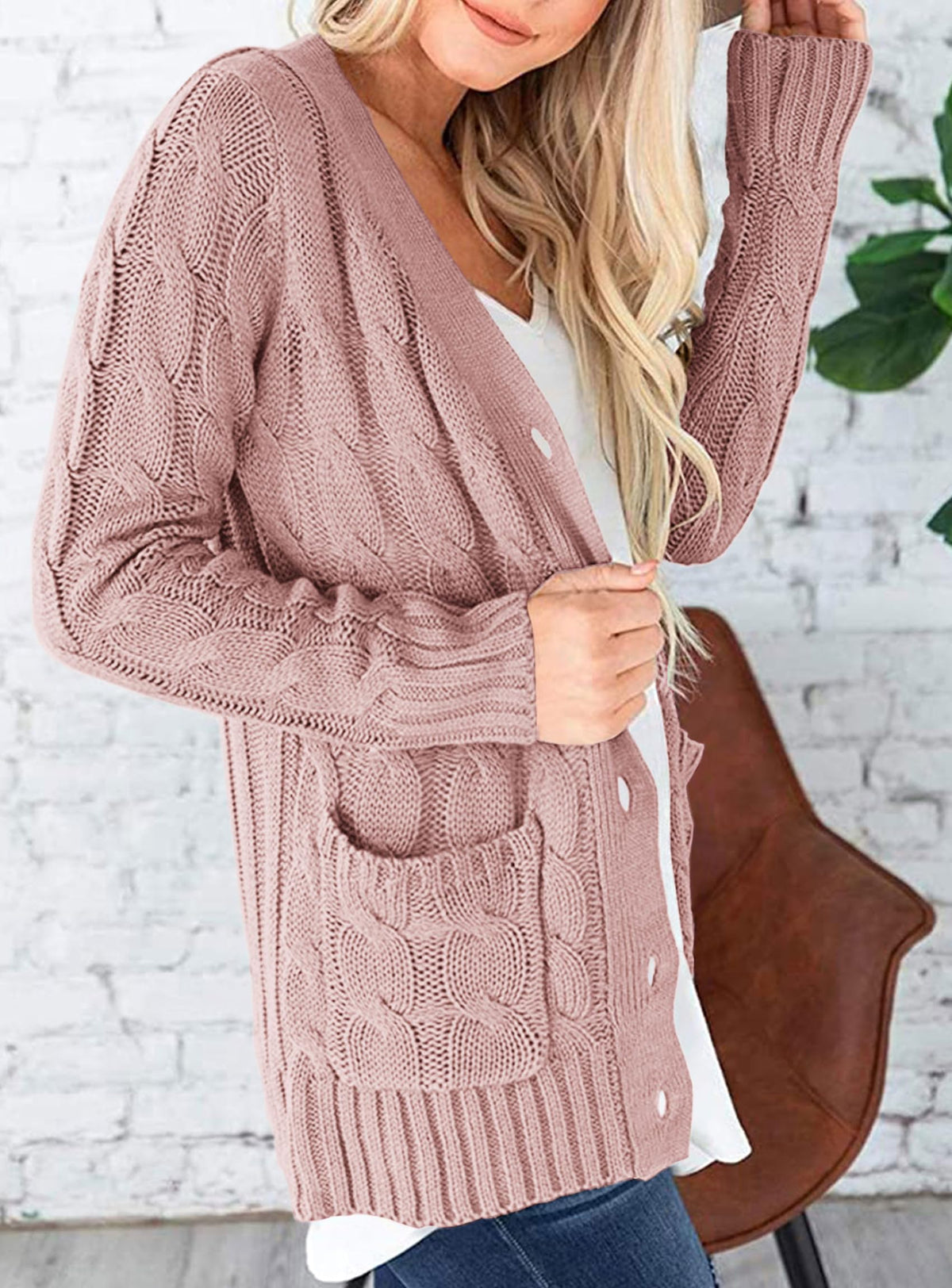 PRETTYGARDEN Women's Cable Knit Cardigan Sweaters Fall(Dusty Pink,XL) 🍁 All In One Marketplace Canada