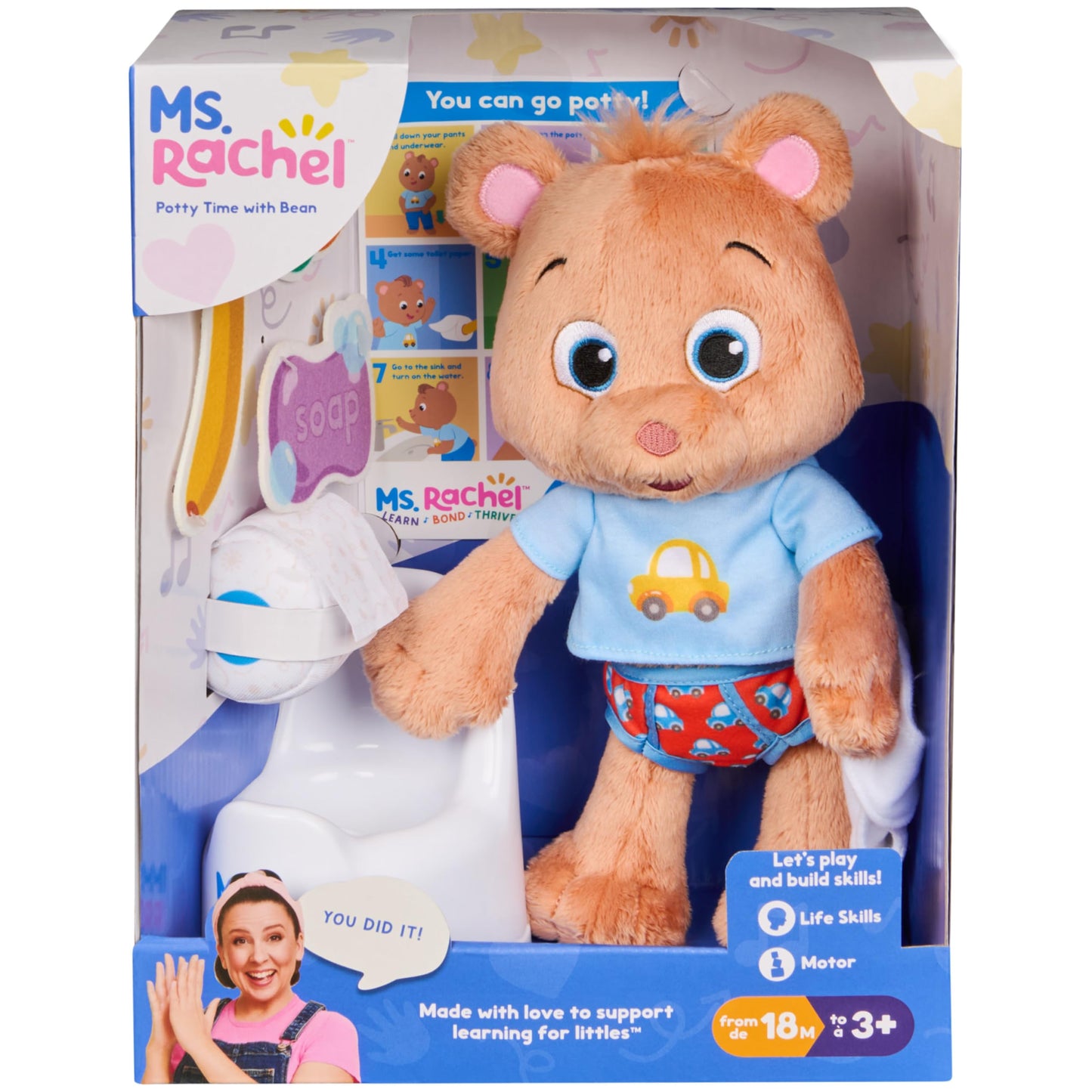 Ms. Rachel Potty Time with Bean, 11” Plush Teddy Bear with Play Toilet & Accessories, Toddler Toys for Girls & Boys for Ages 18 Months to 3+