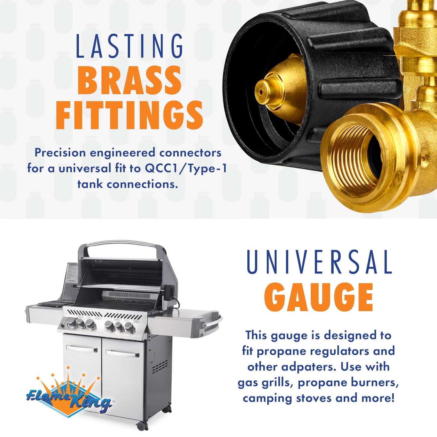 Flame King Propane Tank Gauge Level Indicator, Leak Detector Gas Pressure Meter, Color Coded & Glows in The Dark, Universal for All Cylinders, Solid Brass (2-Pack) Flame King