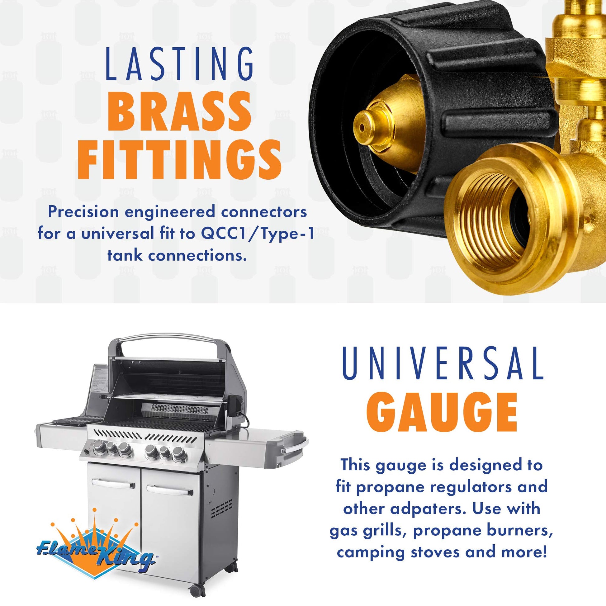 Flame King Propane Tank Gauge Level Indicator, Leak Detector Gas Pressure Meter, Color Coded & Glows in The Dark, Universal for All Cylinders, Solid Brass (2-Pack) Flame King