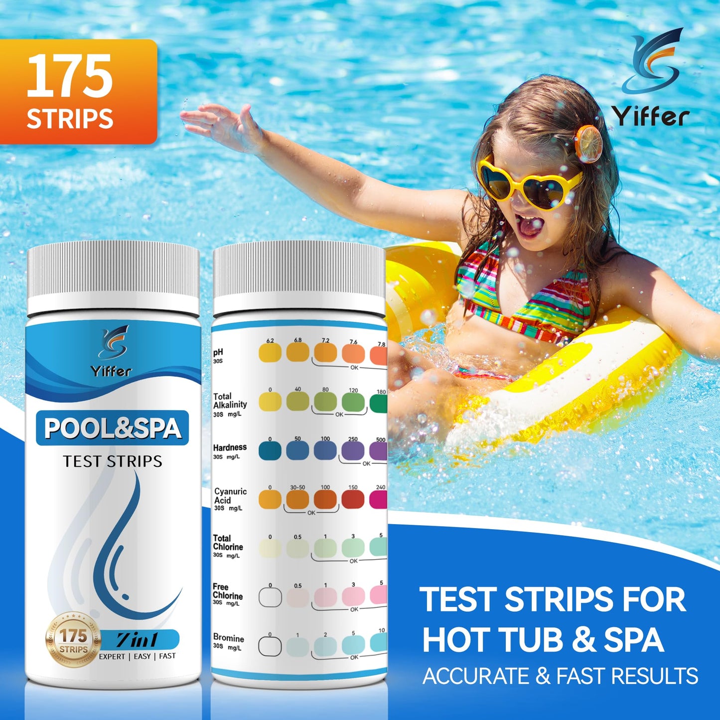 175-Count 7-Way Hot Tub & Pool Test Strips - Accurate Test Bromine, Total Alkalinity, pH, Free Chlorine, Total Hardness, Cyanuric Acid, and Total Chlorine