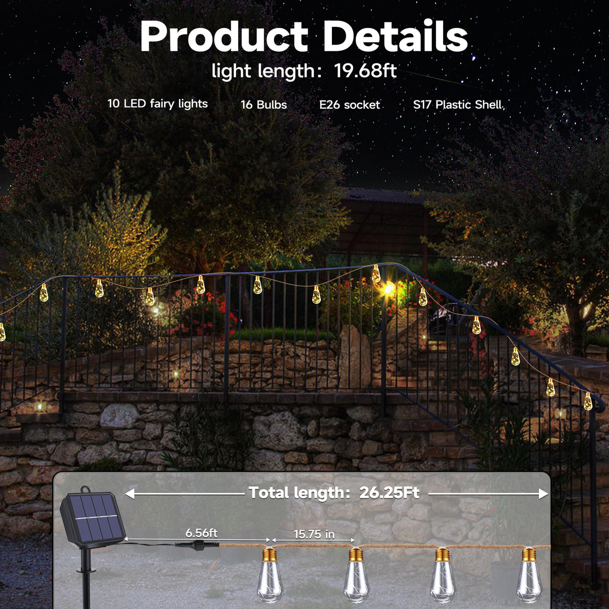 Solar Outdoor String Lights, 20Ft Vintage Rope Hemp Solar Patio Lights, Waterproof Warm White Solar Powered Christmas String Lights with 8 Modes 16 Shatterproof Bulbs for Garden Fence Stairs Balcony 🍁 All In One Marketplace Canada